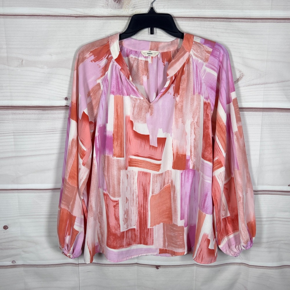 Entro Blouse Womens Small Pink Abstract Print V-Neck Balloon Sleeve Artsy Woven